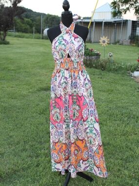 Boho Halter Maxi Dress in Multi-Color Paisley